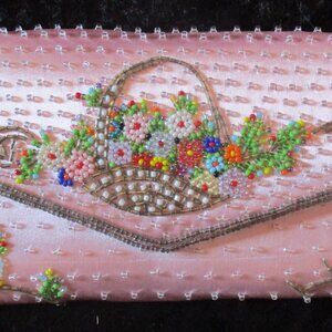 Vintage 1950's Women's Flowers in Basket Of Beads On Pink Satin Clutch/Wallet